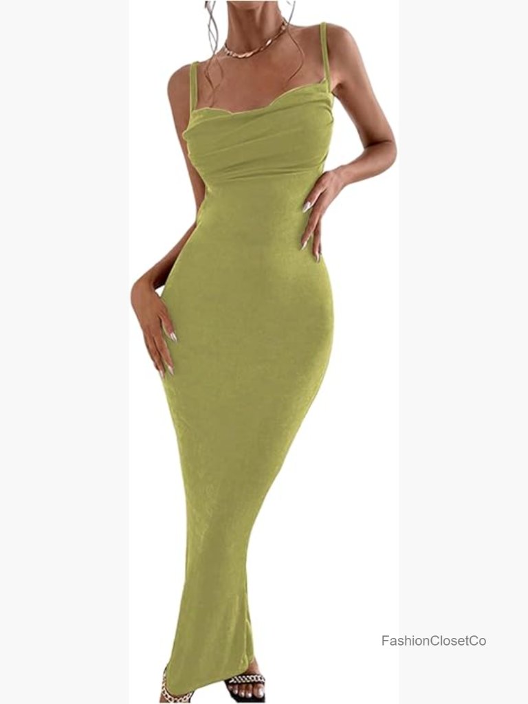 Maxi Bodycon Dress Spaghetti Strap Cowl Neck Backless Party Dress